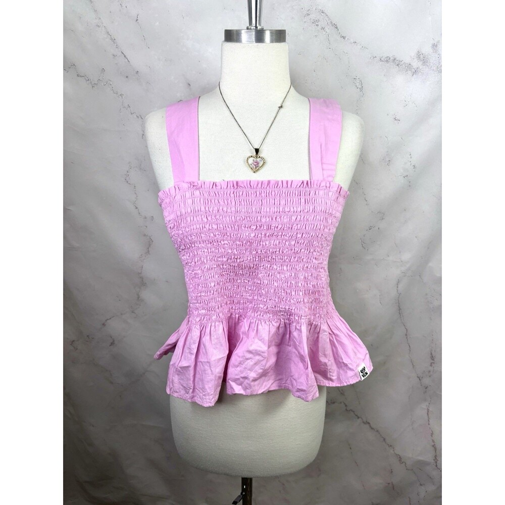 Lucy & Yak Smocked Peplum Top Tank Cottagecore Pink Ruffled L BOHO